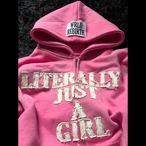 Zip Up Hoodie Streetwear Literally Just A Girl Distressed Vintage Oversized Hooded Jacket