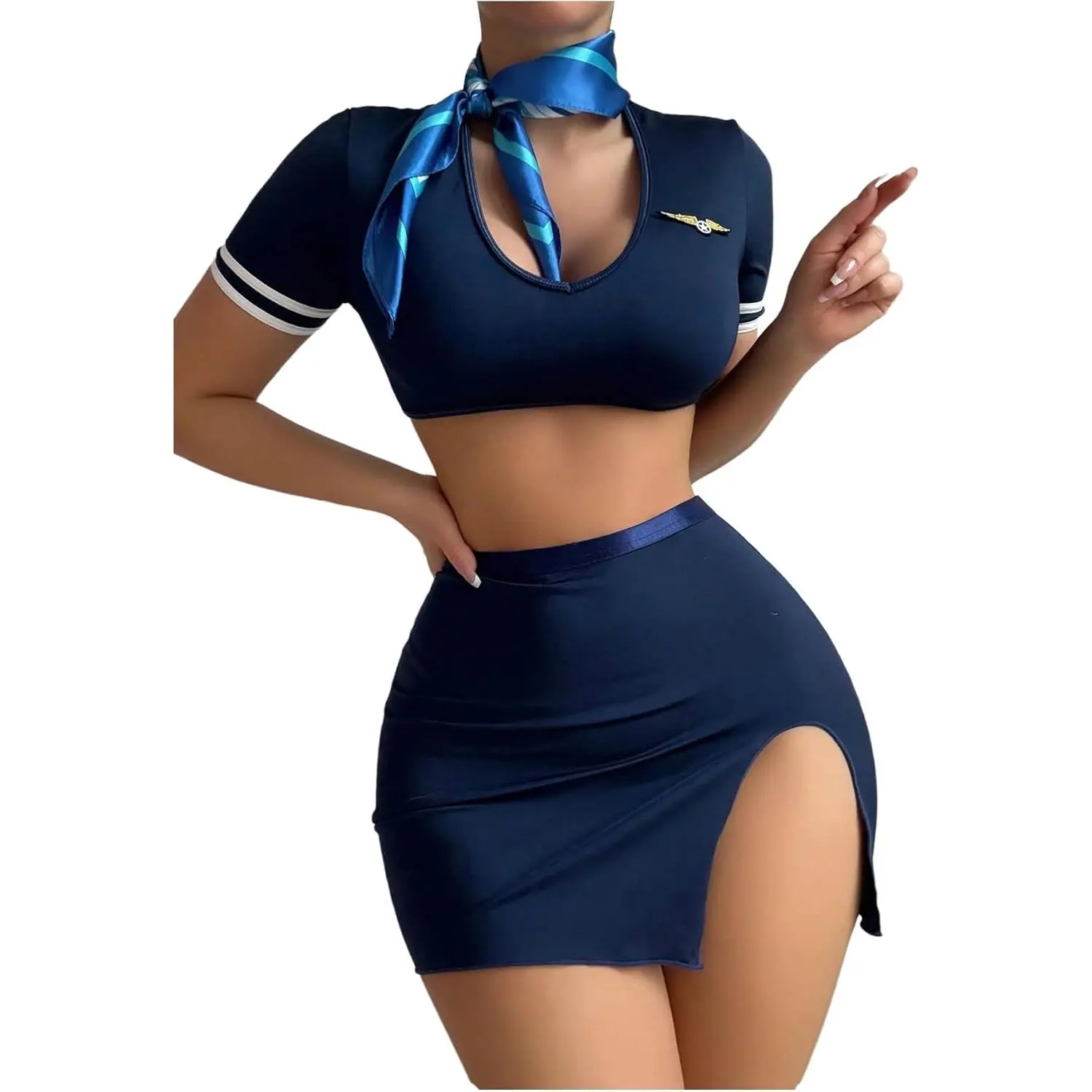 Women's Flight Attendant Roleplay Set - 4-Piece Linen Knit Knitting Costumes & Accessories with Crop Tee, Mini Skirt, Hat, Scarf for Halloween, Trick Or Treat, Cosplay Outfit, Clothes, Costume Ideas, Accessory Kit, Coordinated Costume Set