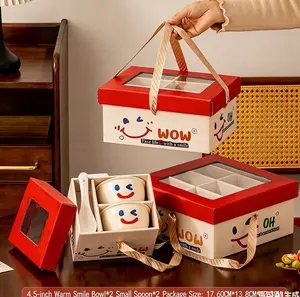 A421. Ceramic tableware set with red smiling face, custom logo bowls—ideal for gifts