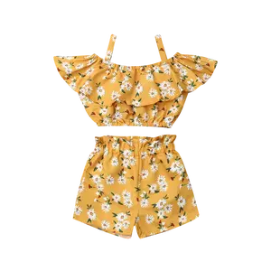 Toddler Baby Girl Clothes Outfits Off Shoulder Ruffled Flower Strap Crop Top + Elastic Band Shorts