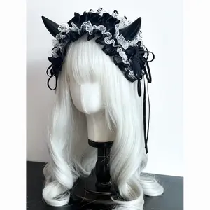 Dark Black Devil Horn Gothic Headband with Multi-layered Lace Trim Halloween Lolita Hair Accessory