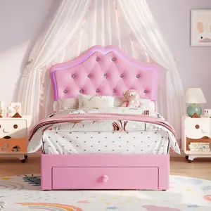 Gaomon Twin Pink Upholstered LED Button Tufted Bed Frame, Velvet Crystal Button Headboard Princess Platform Bed for Kids with Storage Drawer, Easy Assembly, Noise-Free, No Box Spring Needed