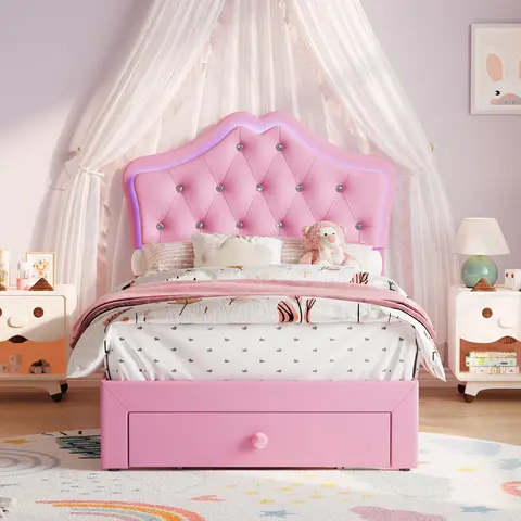 Gaomon Twin Pink Velvet Button Tufted Bed Frame - Crystal-Look Button Headboard, Silent Supportive Build, Space-Saving Storage Drawer Compartments, No Box Spring Needed, LED Lighting, Cozy Plush Top, Teens' Room Apartment Furniture, Assembly Required