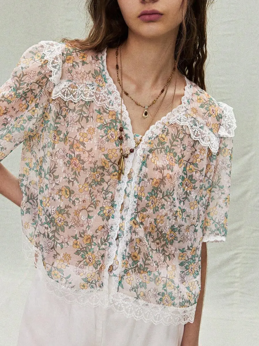 Women's V-Neck Floral Patchwork Elegant Floral Ditsy Floral Top Flower Blouses For Women Flower Tops Summer