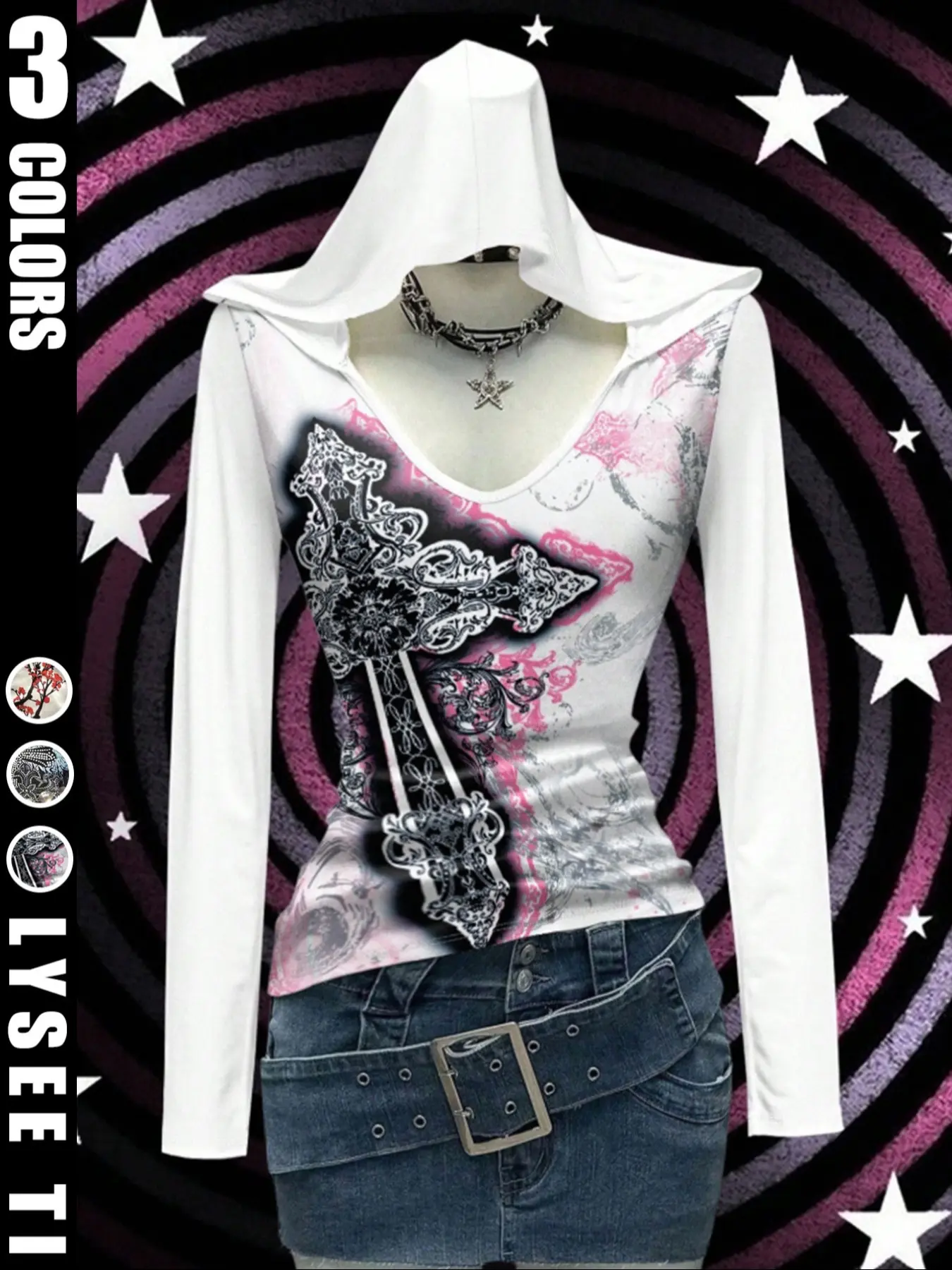 Y2K Retro Trendy Casual Ladies Cross Wings Geometric Graphic Rock Print Slim Fit Hooded Sweatshirt