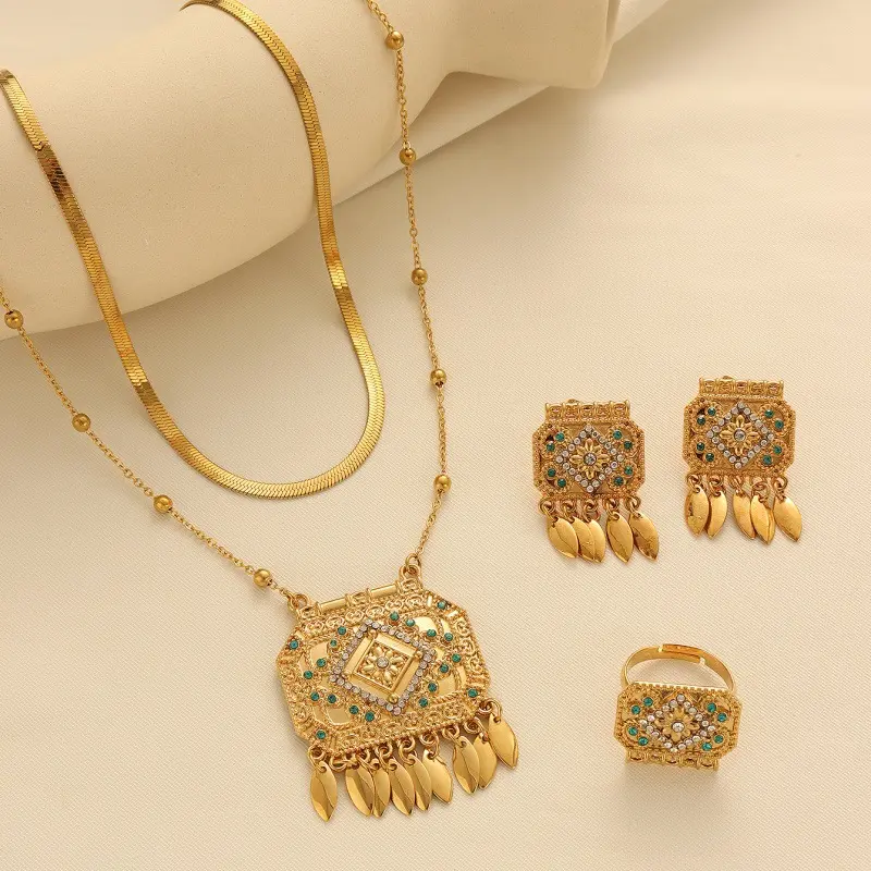 Women's 3-Piece Ethnic Jewelry Set, Gold-Plated Glamour Set with Rhinestone Square Pendant Necklace, Tassel Earrings, and Floral Motif Ring, Fashion Jewelry Set Kundan Jewellery Set