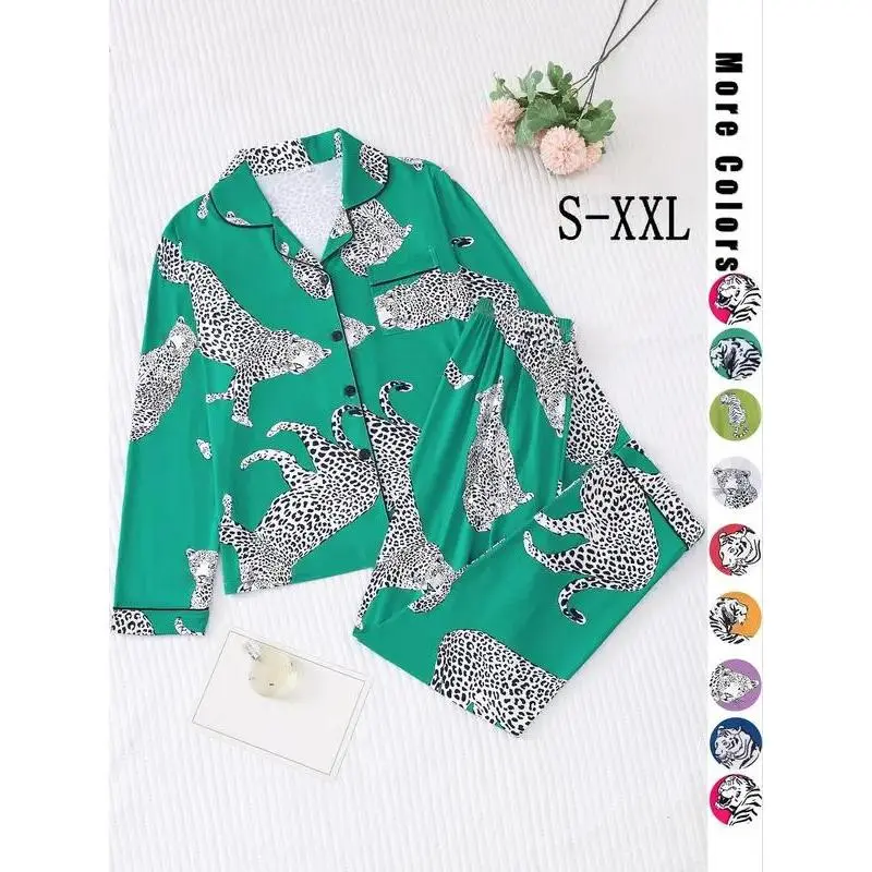 Women's 2-Piece Relaxed Fit Cheetah Print Pajama Set - Longsleeves Button-Front Collared Shirt, Elastic-Waist Pyjama Bottoms, Bright Orange Multicolor, 2024 Summer Ideal Gift, S-XXL, for Sports & Outdoor Use