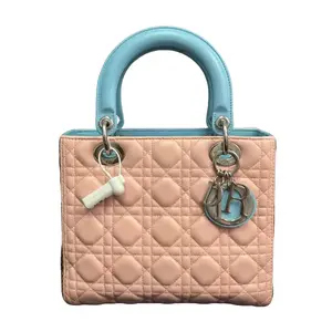 Pre-owned Dior Leather Shoulder Bags Medium Lady Pink Cannage Lambskin with Python patterned Trim Sky Blue Top Handle Silver Hardware