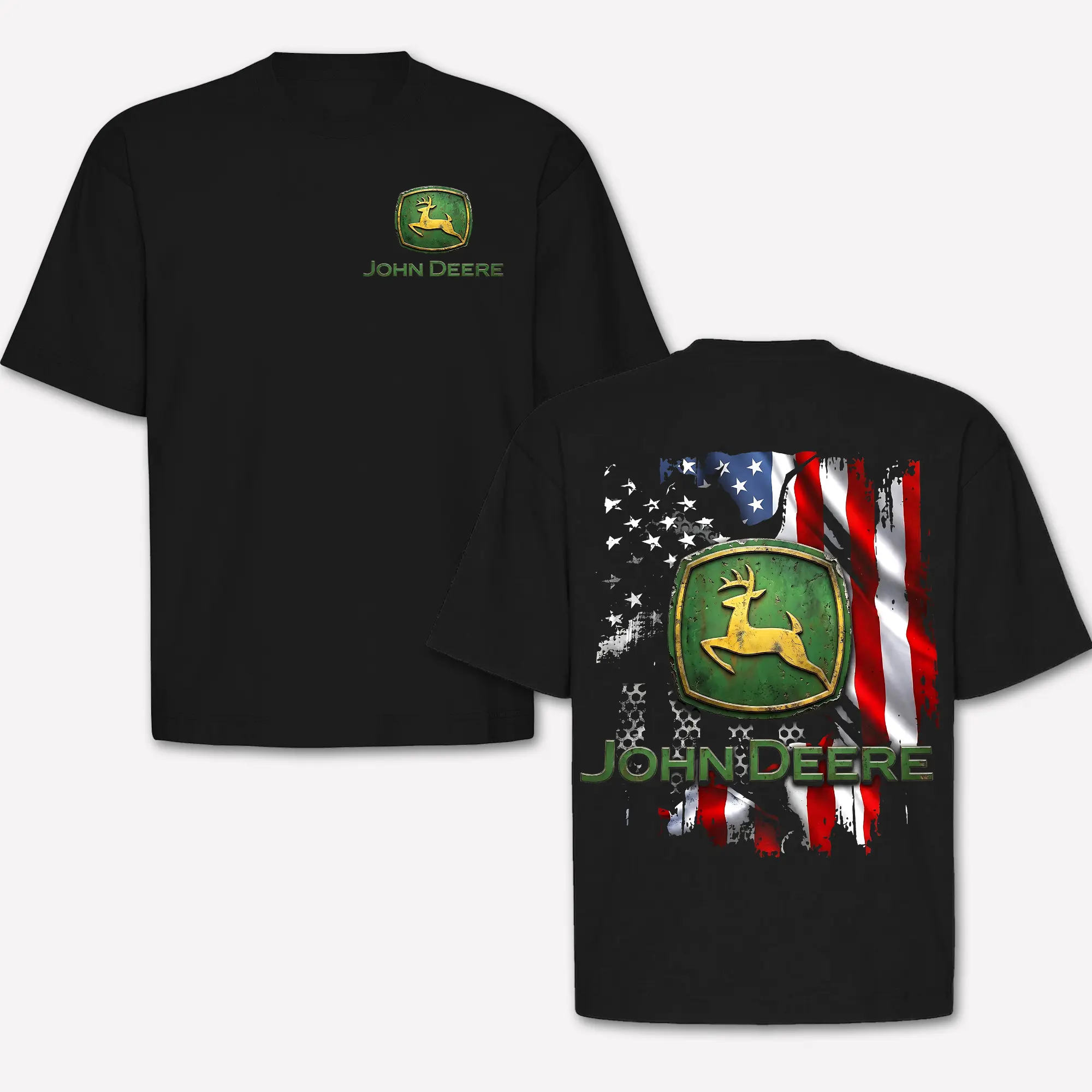 John Deere T-Shirt With American Flag, Patriotic USA Flag Distressed Back Graphic Tee Men Women, Vintage Green Logo Heavyweight Black Cotton Short Sleeve Crewneck Top, Country Farming Aesthetic Oversized Streetwear Gift For Dad, For Men, Man 2026