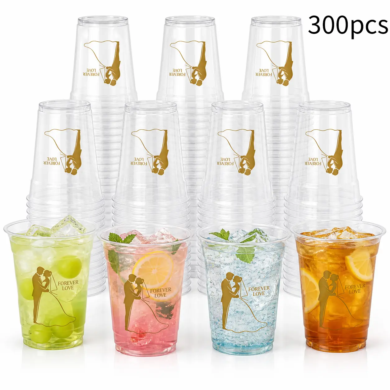 600 Pack Wedding Cup Cheers to Love Laughter Happily Ever After 12 oz Disposable Clear Plastic Drinking Cups Bulk for Wedding Reception Bridal Shower Engagement Party Decoration