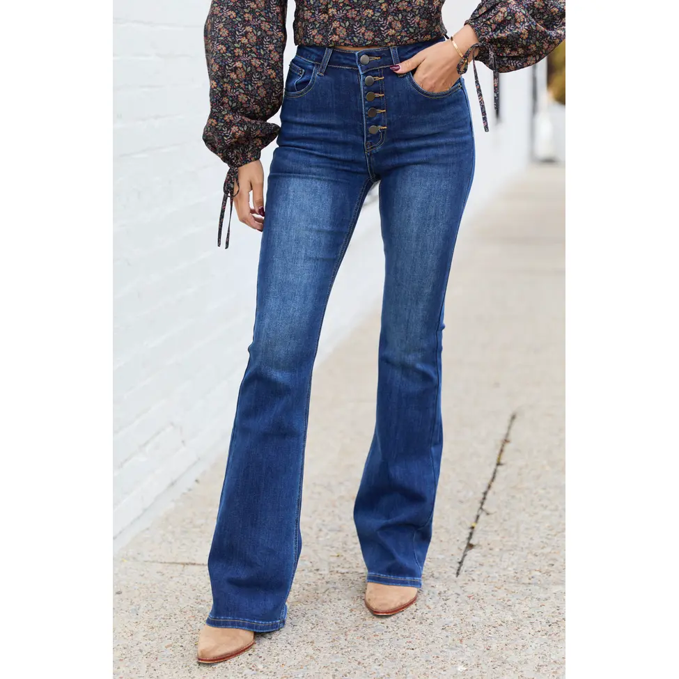 My Favorite Stretchy Dark Wash Button Up Flare Jeans