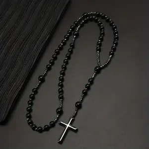 1pc Natural Stone 8mm Stone Rosary Black Gallstone Cross Men's Raw Stone rosary RR624959 Fashion Style Guangdong China Authentic Look Necklace Set Jewelry Accessory