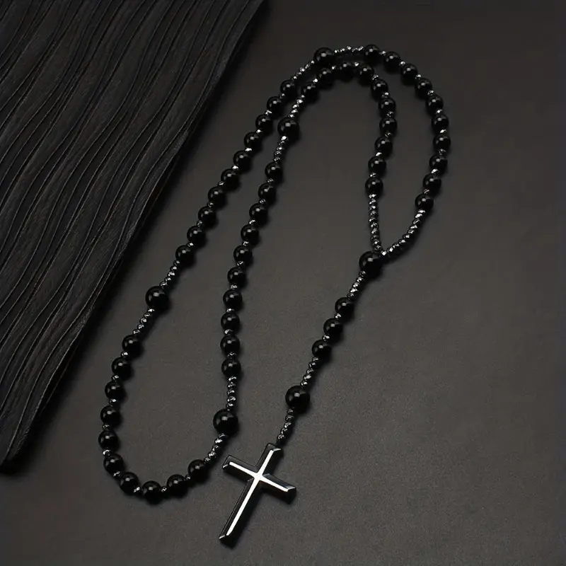 1pc Natural Stone 8mm Stone Rosary Black Gallstone Cross Men's Raw Stone rosary RR624959 Fashion Style Guangdong China Authentic Look Necklace Set Jewelry Accessory