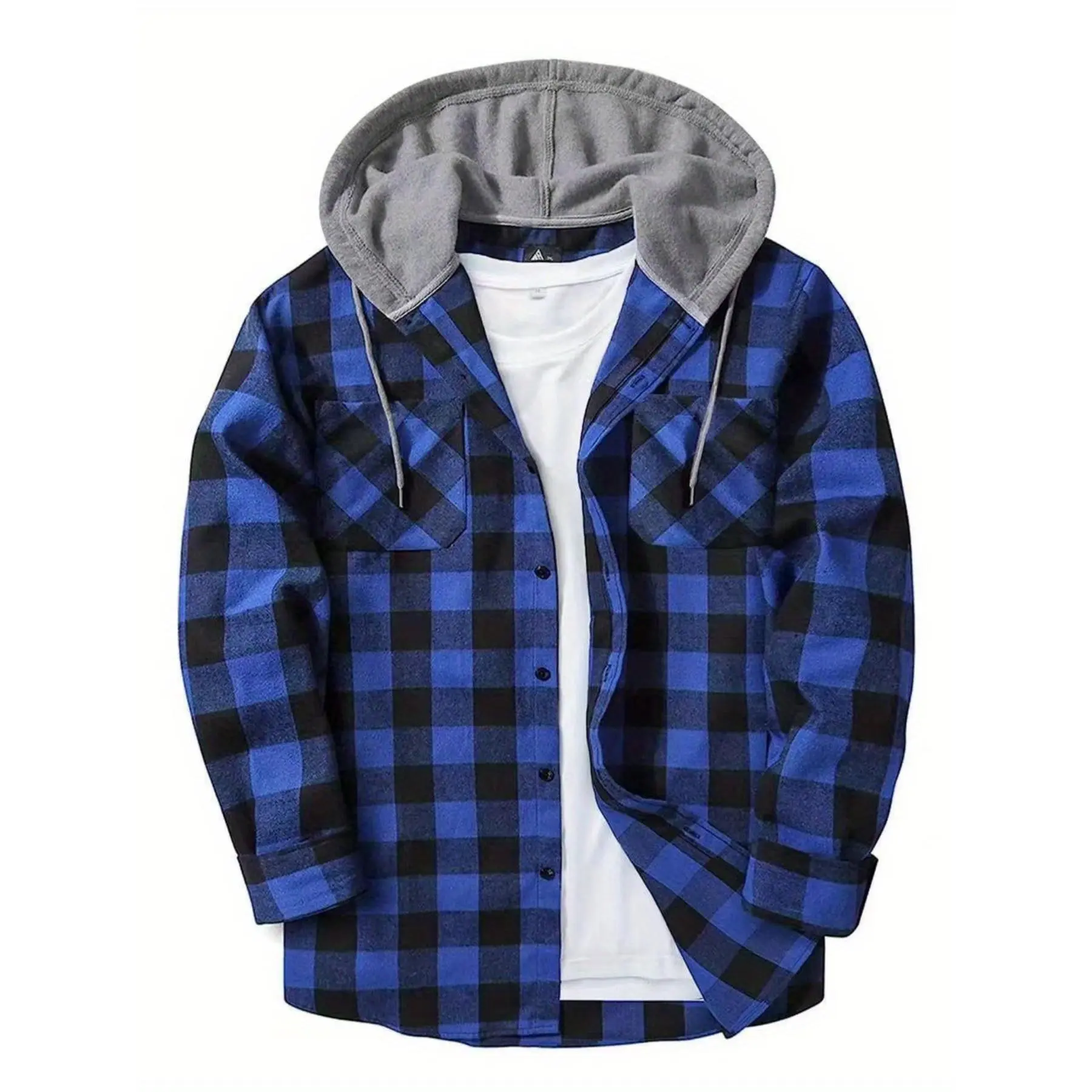 Men Casual Button up Hoodie Plaid Print Patchwork Flannel Long Sleeve Sweatshirt Jacket for Fall Spring Streetwear
