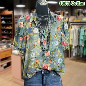 Cherrybetty Colorful Floral Print Collared Puff Sleeve Cotton Top for Women Casual Everyday Wear Comfortable Breathable Vibe Country Concert Outfits Women's Vintage Graphic Tees Casual & Western Outfits Clothing