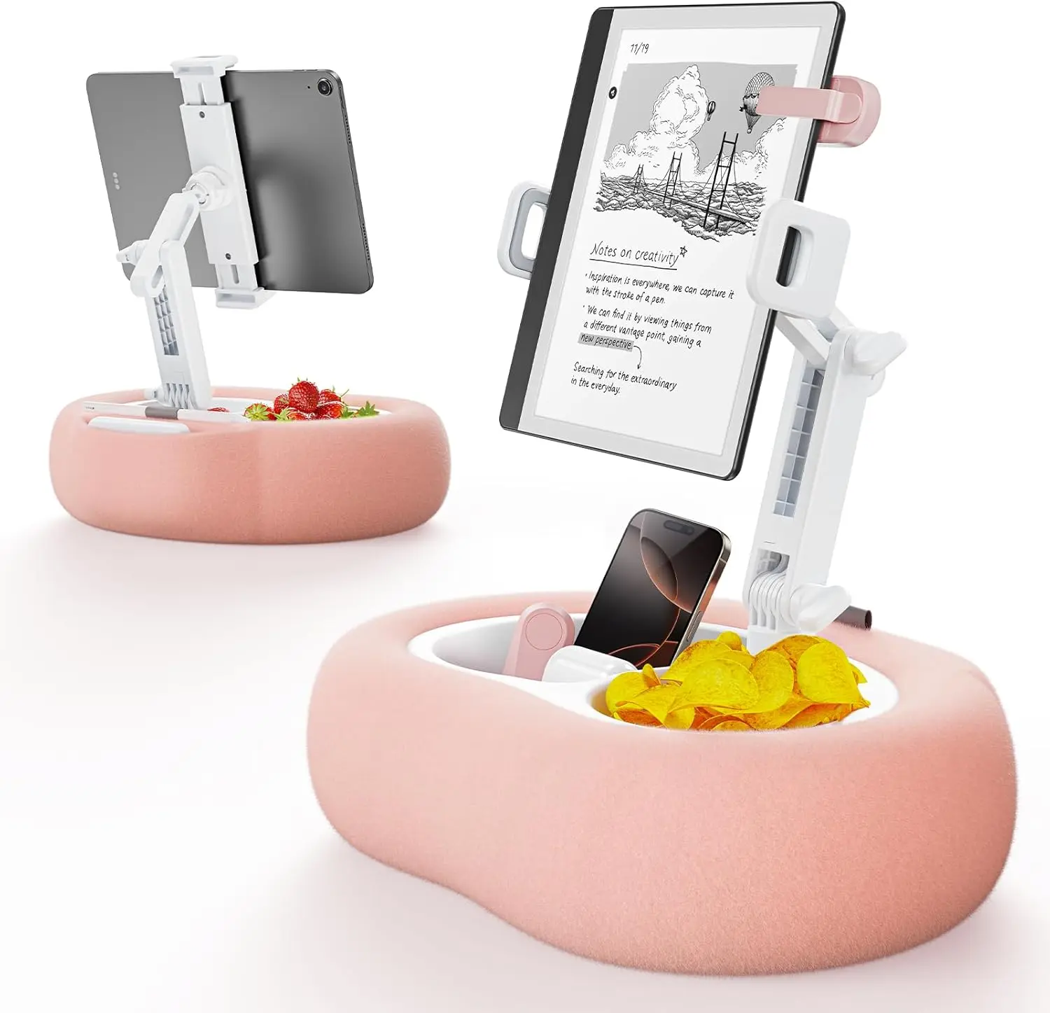 Tablet Kindle Pillow Stand Holder with 2 Trays Fit 4''-13'' Phone/Tablet/Kindle iPad Holder Stand for Bed with Soft Plus Fabric Reading Accessories , Pink
