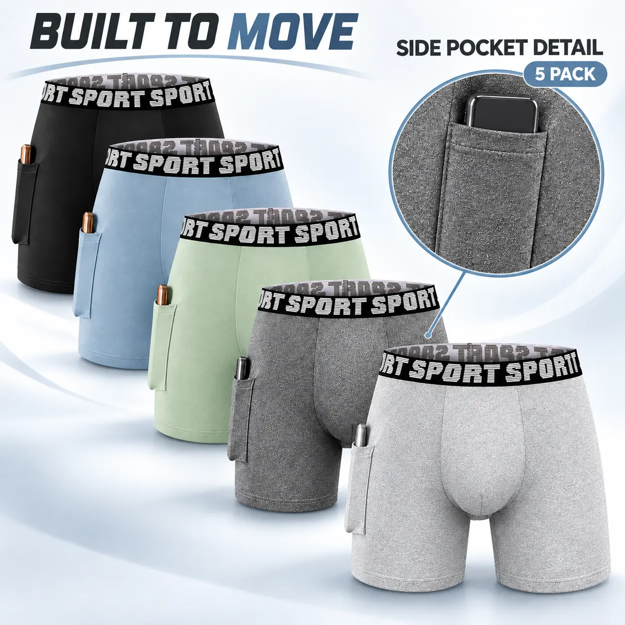 5 Pack Men’s Boxer Briefs with Side Pockets, Soft Breathable Stretch Athletic Underwear, Lightweight Sports Boxers for Running, Workout, Travel & Daily Wear