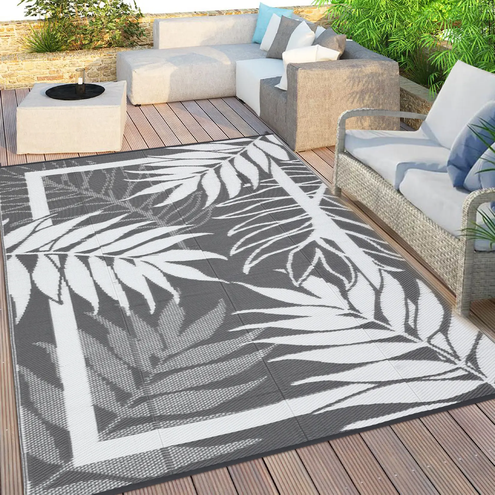 Modern Leaf Outdoor Rug Waterproof Washable Non Shedding Easy Clean Area Carpet for Patio Porch Indoor Outdoor Use Portable Reversible UV Resistant in Multiple Sizes and Colors