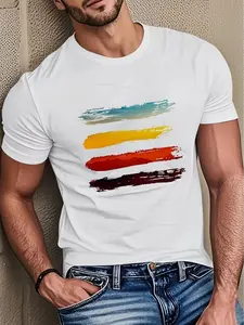 2026 Men’s Quick-Dry Graphic T-Shirt – Color Brush Stripe Print Tee, Lightweight Breathable Crew Neck Short Sleeve Shirt, Streetwear Casual Summer Top, Athletic Daily Wear Essential for Men
