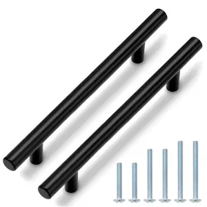 Probrico 6-1/3 Inch Black Cabinet Pulls Stainless Steel Kitchen Cabinet Handles, Round T Bar Cupboard Furniture Hardware,Drawer Dresser Closet Pulls Wardrobe Handles,Total Lenght:6 Inch