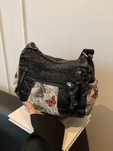 Vintage Butterfly Embroidered Shoulder Bag, Women's Casual Crossbody Bag, Multi-Layer Commuter Messenger Bag, Cross Body Bags, Crossbody Shoulder Purses, All Seasons Style