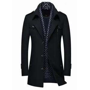 Men’s Wool Blend Trench Coat with Detachable Soft Scarf, Notched Lapel Collar, Single-Breasted Pea Coat Overcoat for Winter