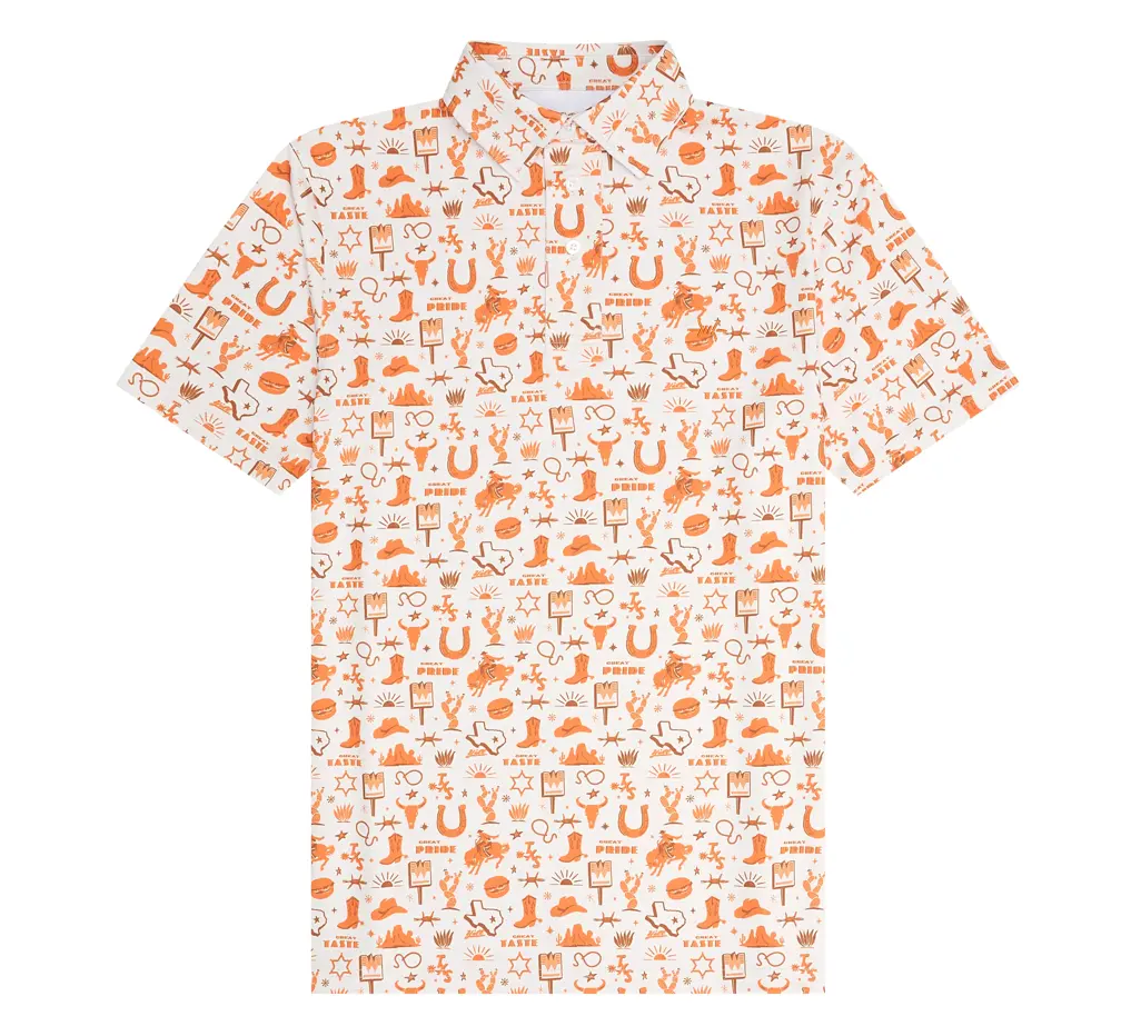 Texas Standard x Whataburger Outlaw Polo, Texas Western Cowboy Pattern Polo Shirt for Men, Vintage Ranch Rodeo Print Golf Polo, Breathable Short Sleeve Casual Performance Shirt