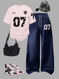 Women's Two-Piece Set, Digital Pattern Round Neck Short Sleeve Top & Loose Casual Pants, Summer Fashion Style for Vacation Travel, Outfit, Womenswear, Clothes