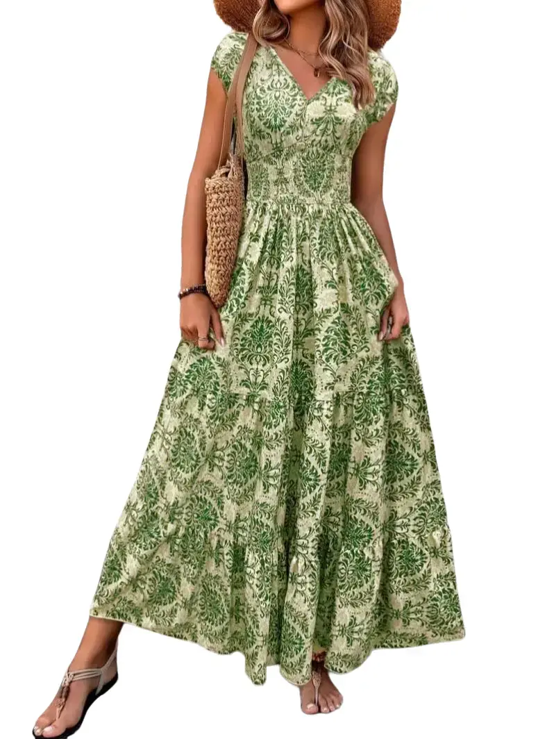 PHEFEE Women's Boho Floral Maxi Dress Short Sleeve V Neck Smocked Waist Tiered Long Dresses Cottagecore Vacation Beach Outfit Plus Size