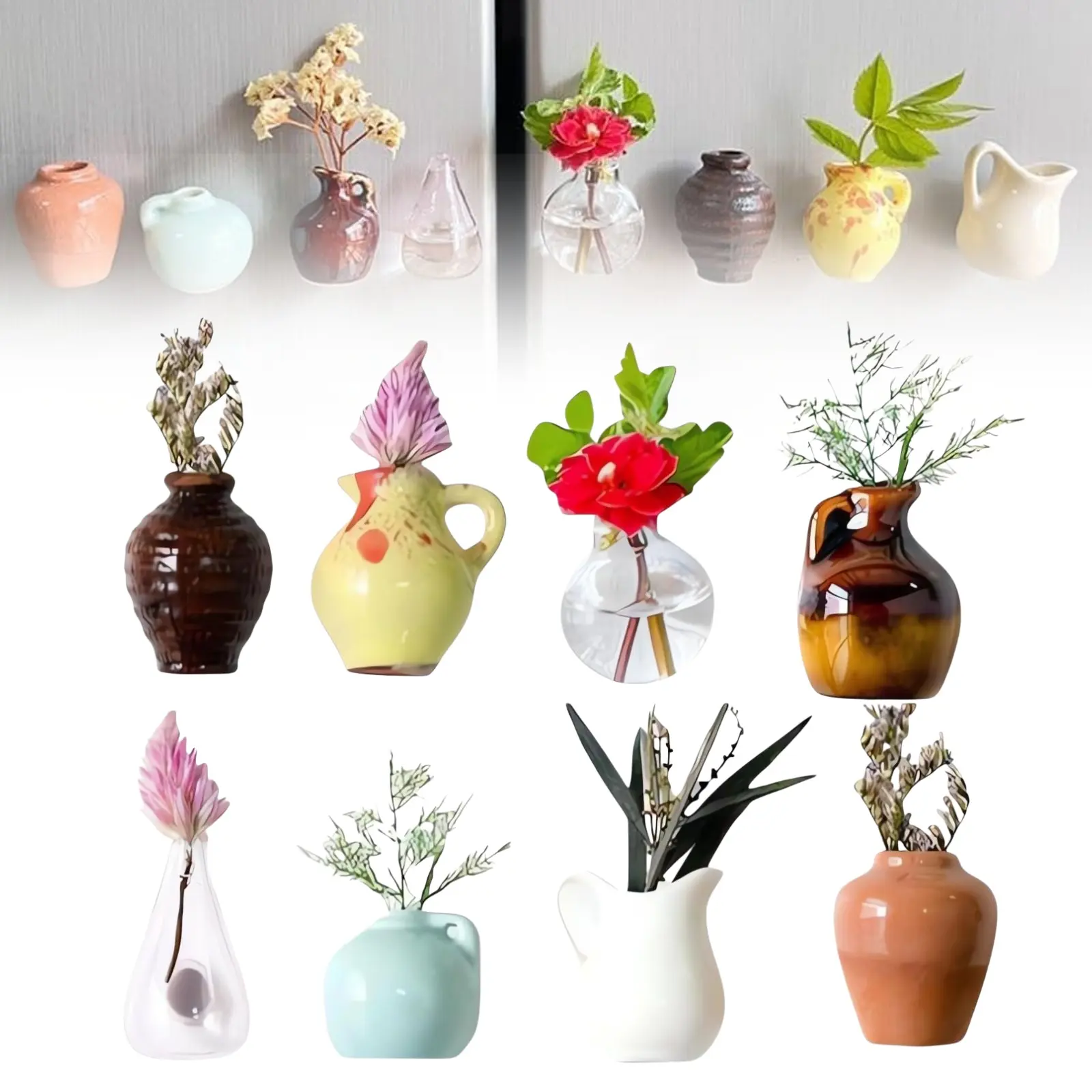 8-Pack Aesthetic Mini Ceramic Vase Fridge Magnets Set with Strong Mag Hold, Nature-Inspired DIY Hydroponic Prop Flower Display, Home Decor for Kitchen/Office, Cottagecore Gift for Plant Moms (2026 Last-Minute Mother's Day/Graduation)