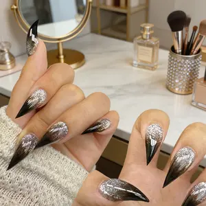 Handmade False Nails, Acrylic Fake Nails, Silver Two-Tone Gradient, Dragon Armor Cat Claws, Glossy Finish, Short Nails, Single Item, S M L Sizes, Glitter Nails