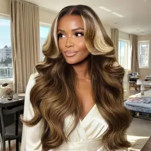 Sunber 13x4 Pre-Everything Lace Frontal Honey Brown Loose Wave Drawstring Wig with Golden Blonde Face Framing Layers Glueless Human Hair Wigs 150% Density Put on and Go