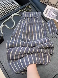 Striped Wide Leg Pants, High Waist Elastic Waist, Breathable Woven Cotton Linen, Casual Fitted Long Pants, All Seasons Comfort, Womenswear