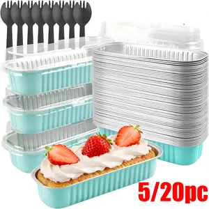 Mini Baking Tray Set with Lid and Spoon, 6.8oz Mini Cake Pan, Disposable Aluminum Foil Bread Tray, Blue Bread Baking Tray, Small Cake Container with Lid