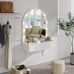 Dreamzon Floating Makeup Vanity Desk with Mirror & 3-Color Lights, Wall Dressing Table with Power Outlet, Compact vanity, Large Storage, White