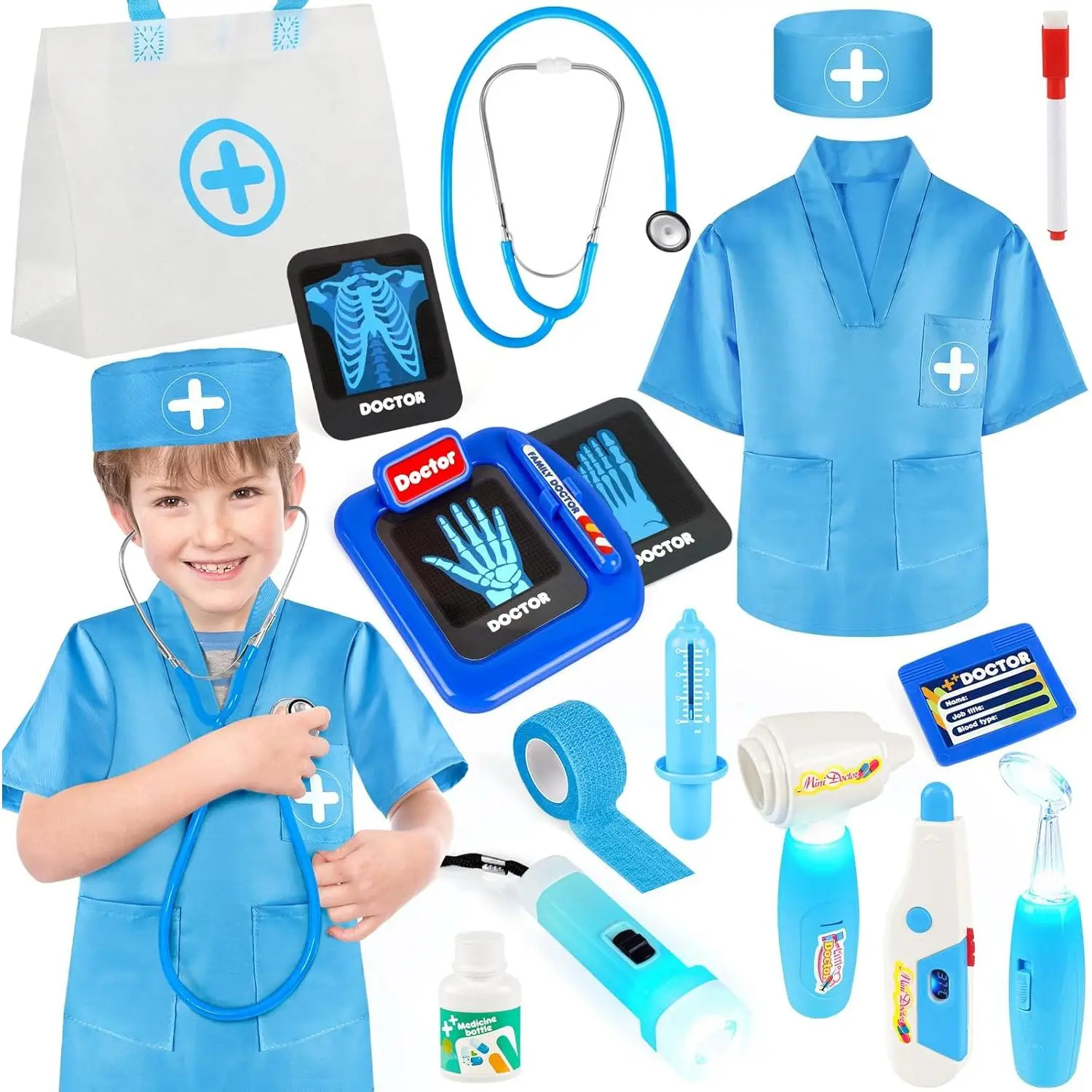Kids' 17-Piece Medical Roleplay Kit, Pretend Play Toy Set with Dress-Up Costume, Stethoscope and Carry Bag for Toddlers, Christmas Birthday Gifts