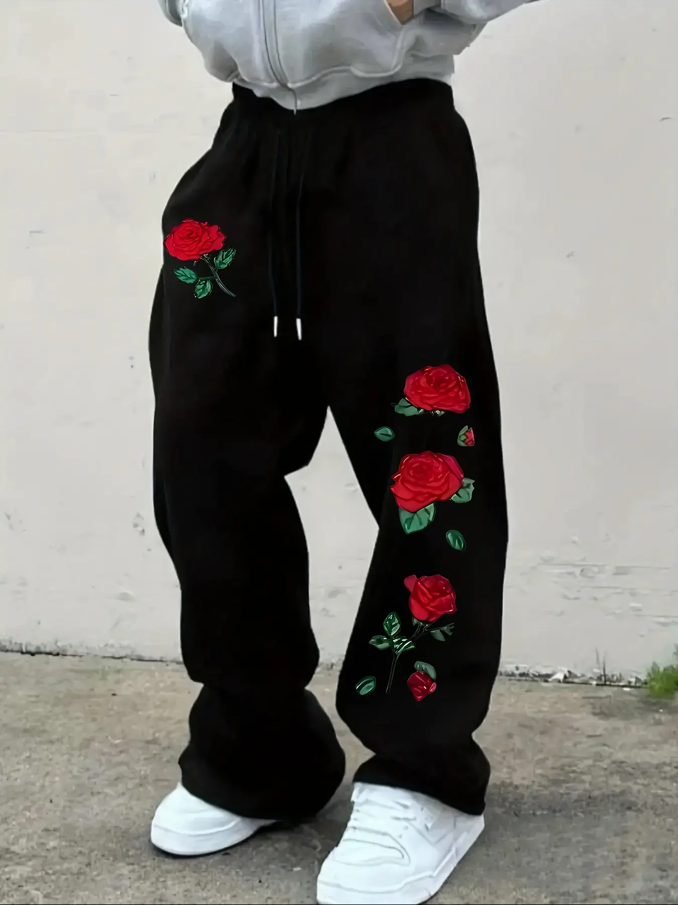 Men's Red Rose Gothic Baggy Pants - 3D Floral Print Black Wide-Leg Sweatpants, Casual Streetwear Trousers, Streetwear, Menswear, Soft Fleece Loose Fit, Y2K Street Style, Urban Outfits, Fade Resistant Print