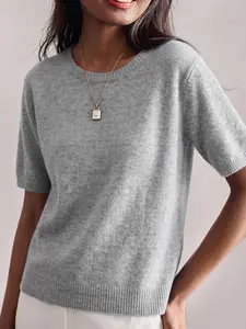 Women's Knitted Top Short Sleeve Round Neck Plain Solid Simple Casual Knit T-Shirt Elegant Basic Sweater Spring Summer Apparel