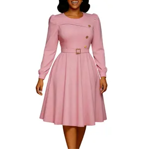 Autumn and winter clothing Women Elegant Long Sleeve Waist Belt African Style Large Swing Dress Polyester Fabric High Waist