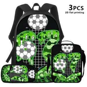 Durable Water Resistant 3-Piece Backpack Set for Kids, Lightweight School Bag with Lunch Box & Pencil Case, 600D Oxford Cloth, Breathable Padded Straps & Mesh Back, Large Capacity Fits 15-inch Laptop, Insulated Lunch Bag, Soccer Ball & Number 67 Green Cam
