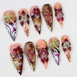 3D Floral Stiletto Press On Nails,Luxury Tiger Print & Pearl Bow Nail Art,Handmade Burgundy Nail Set for Party Festival Birthday,Gift Nails