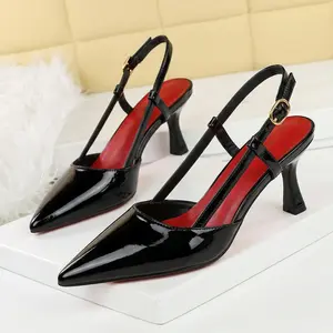 Women's Black Patent Leather Pointed Toe Kitten Heels, Adjustable Slingback Block Heel Pumps, 2.4in Low Heel, Comfortable Office & Party Shoes