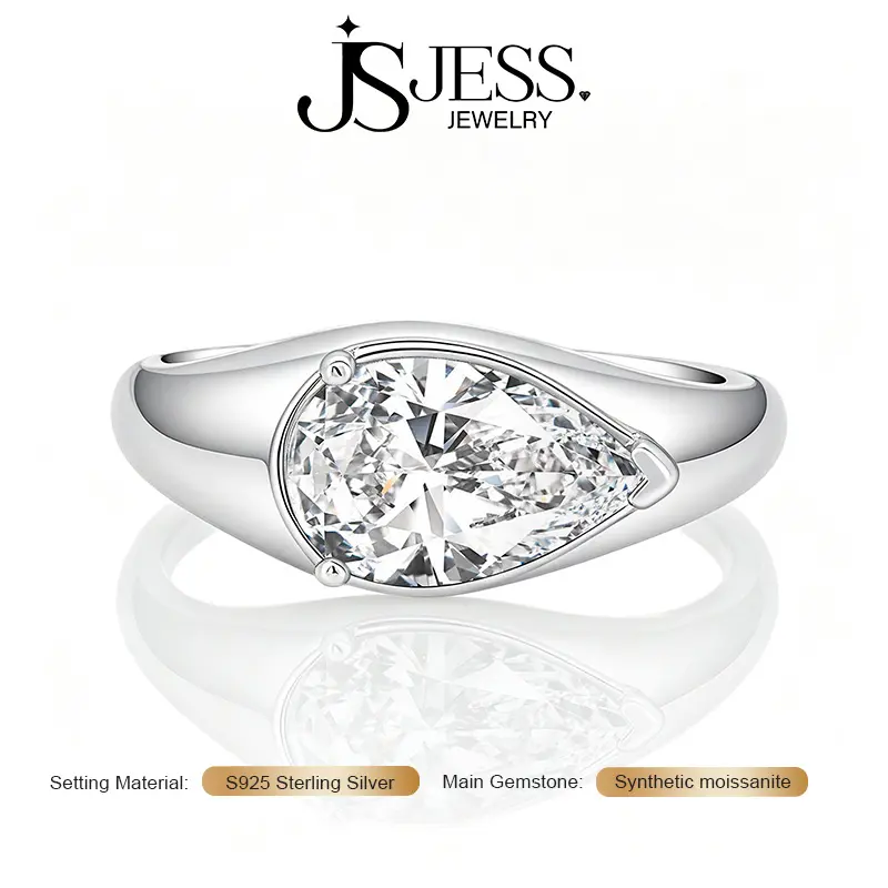 【Vesper】3Carat 7*11mm DE Color VVS1 Pear Cut Moissanite Engagement Ring East West Design, S925 Sterling Silver 18k gold plated Wedding Band for Women