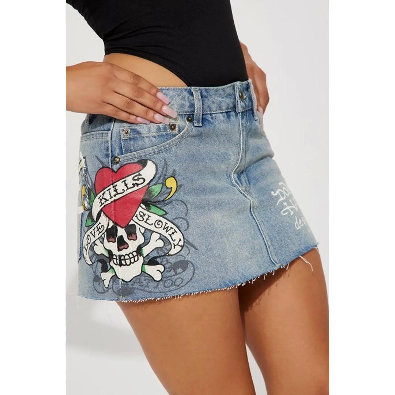 Ed Hardy Skull Denim Mini Skirt - Light Wash Q - TikTok Shop