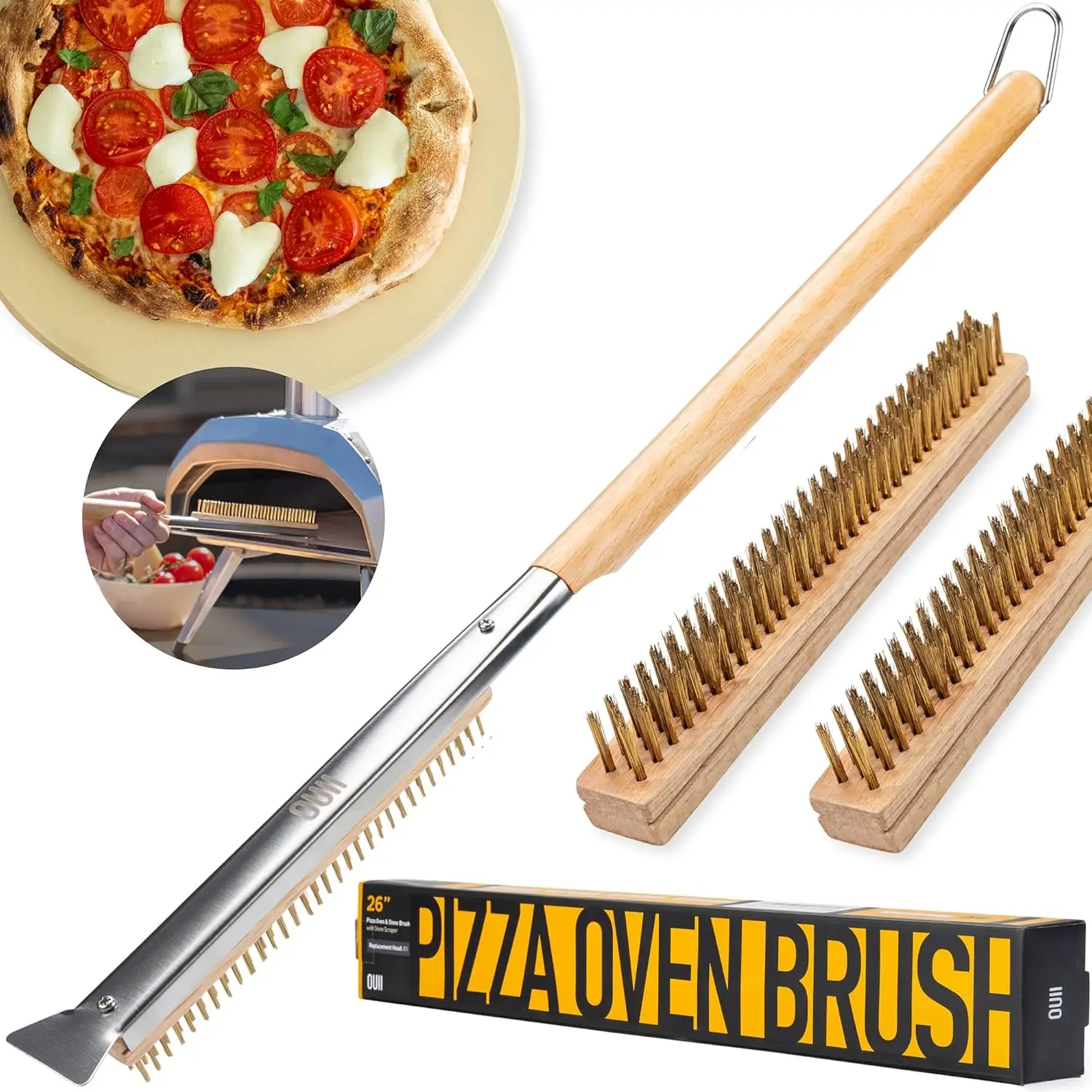 OUII Pizza Oven Brush with Stone Scraper, Three Brush Heads, Gold Stainless Steel Bristles, 26'' Long Handle - Compatible with Ooni, Gozney, Blackstone, Solo Stove Ovens Kitchen Wood