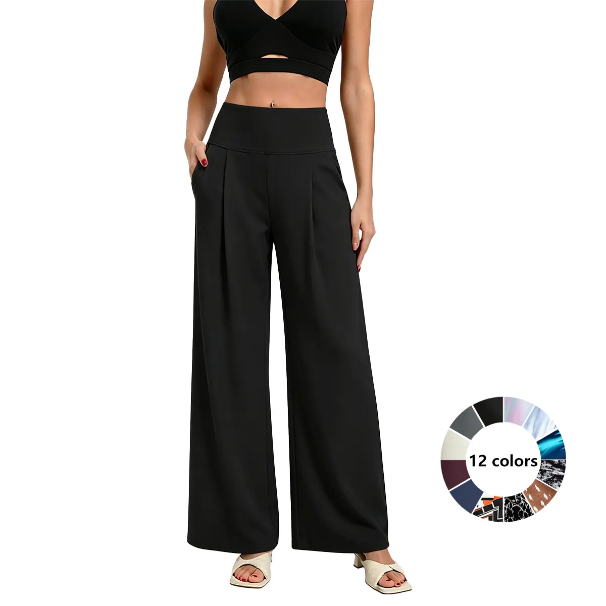 Women's High-Waisted Baggy Wide-Leg Basic Bottoms with Pockets, Stretch Lady Lounge Pants for Yoga, Workout Travel