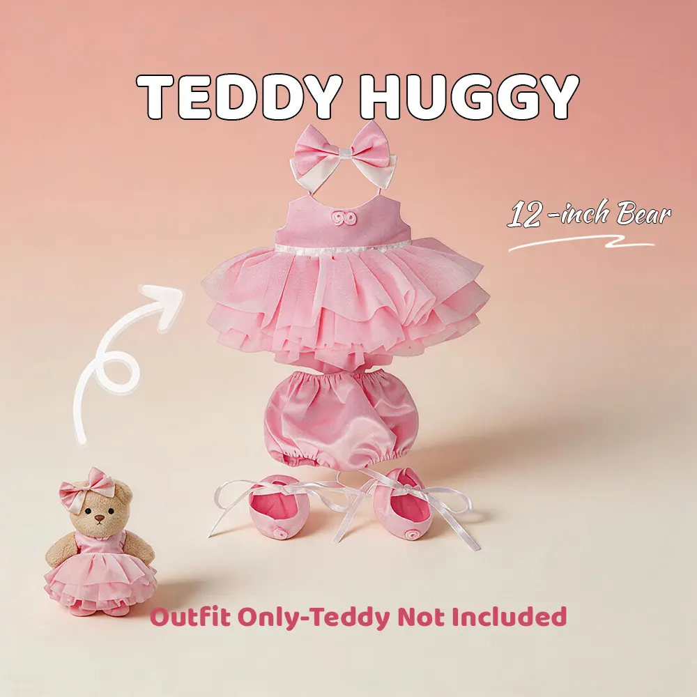 TEDDY HUGGY 12-in Cute Teddy Bear Soft Plush Toy with Movable Joints, Pink Dress 4-Piece Set, Stuffedanimals for Kids Gift, Collectible Cuddly Doll