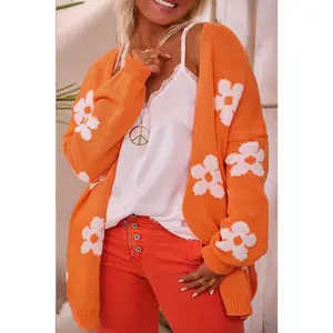 Orange Flower Pattern Drop Shoulder Plus Size Cardigan