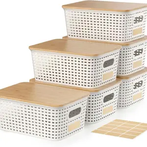 Storage Bins with Lids, Stackable Plastic Storage Basket with Bamboo Lid, Pantry Organizer Box Small Containers for Organizing Shelves Drawer Desktop Closet Cabinet Office Classroom 10x7.1x4.1in storage organization bedroom storage