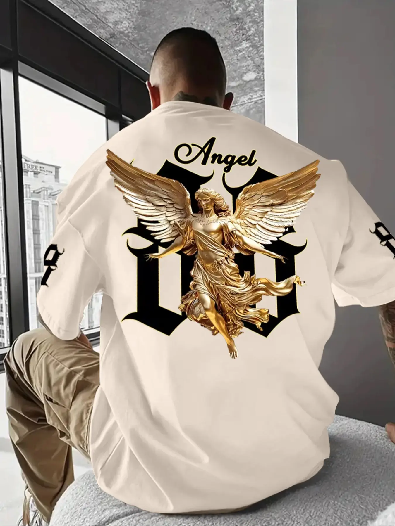Men's Gold Angel Print Short Sleeve Oversized T-Shirt, Art Sculpture Texture Streetwear Street Style, High-End Visual Appeal, Loose-Fitting Long Clothing